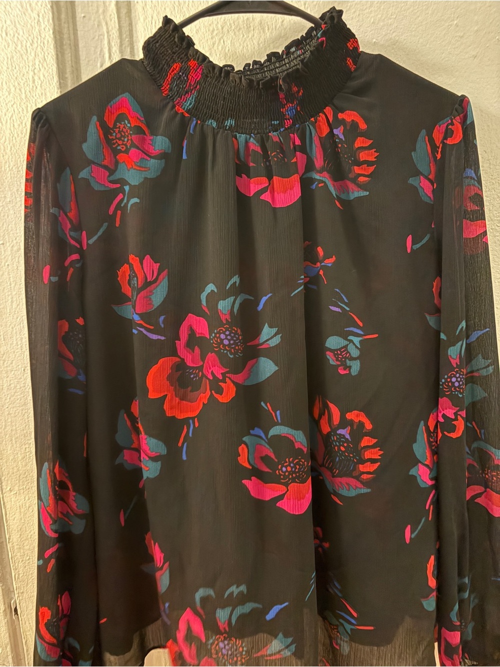 J. Crew Black Floral Smocked-Ruffle Long-Sleeve Blouse
